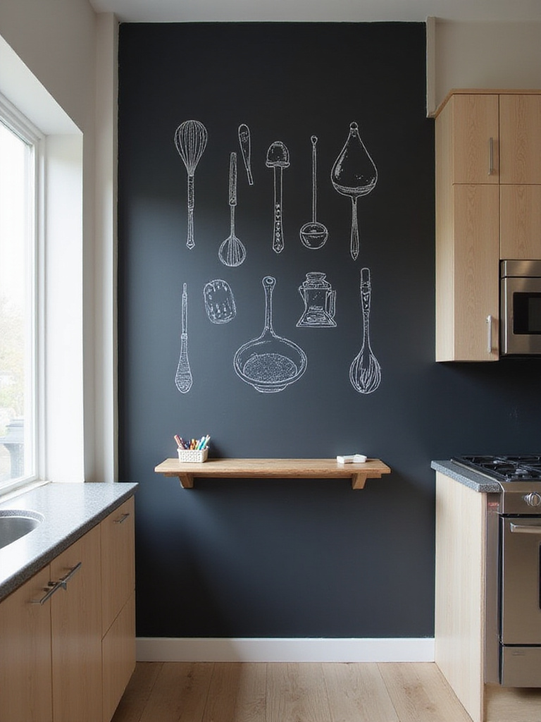 Modern kitchen with a dark gray chalkboard wall featuring white chalk illustrations of kitchen utensils.
