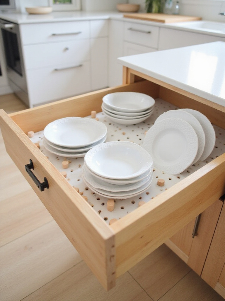 Kitchen drawer with pegboard dish organizer holding plates and bowls