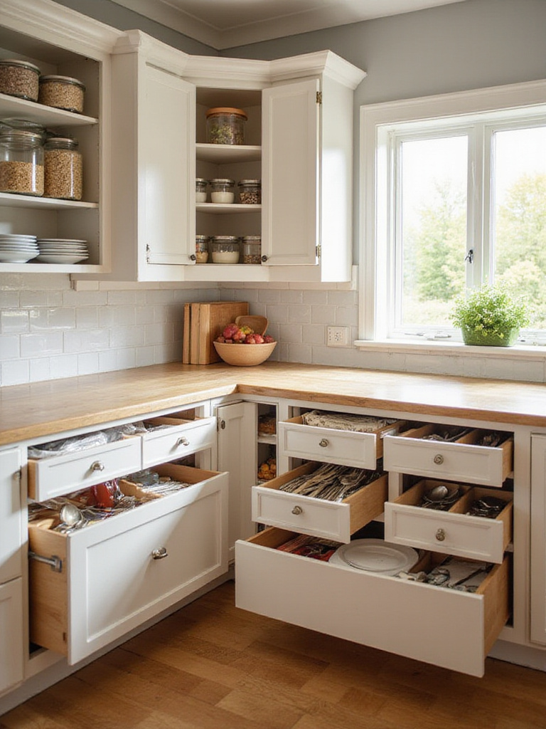 Organized kitchen drawers and cabinets with dividers, clear containers, and tiered racks.