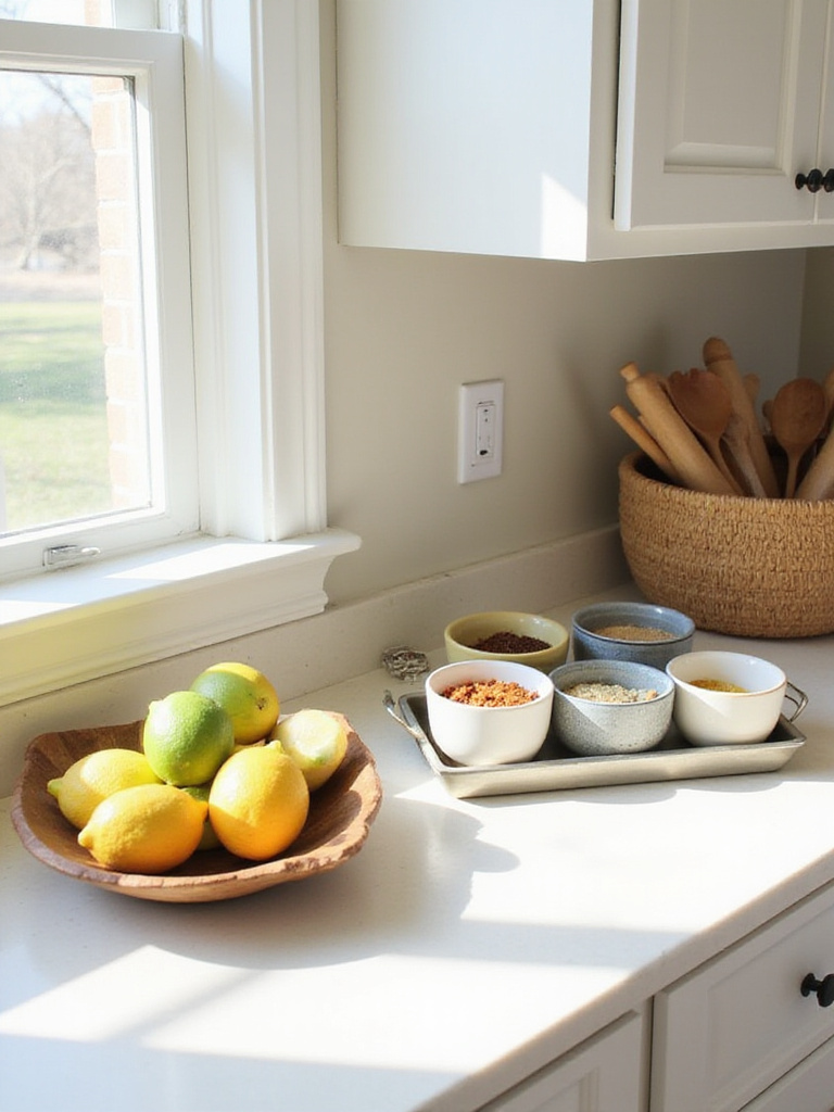 Kitchen countertop styled with decorative bowls and trays filled with fruit, spices, and kitchen tools.