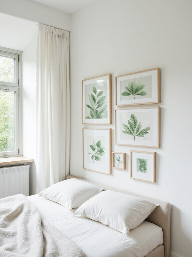 Bedroom with a gallery wall of botanical prints above the bed