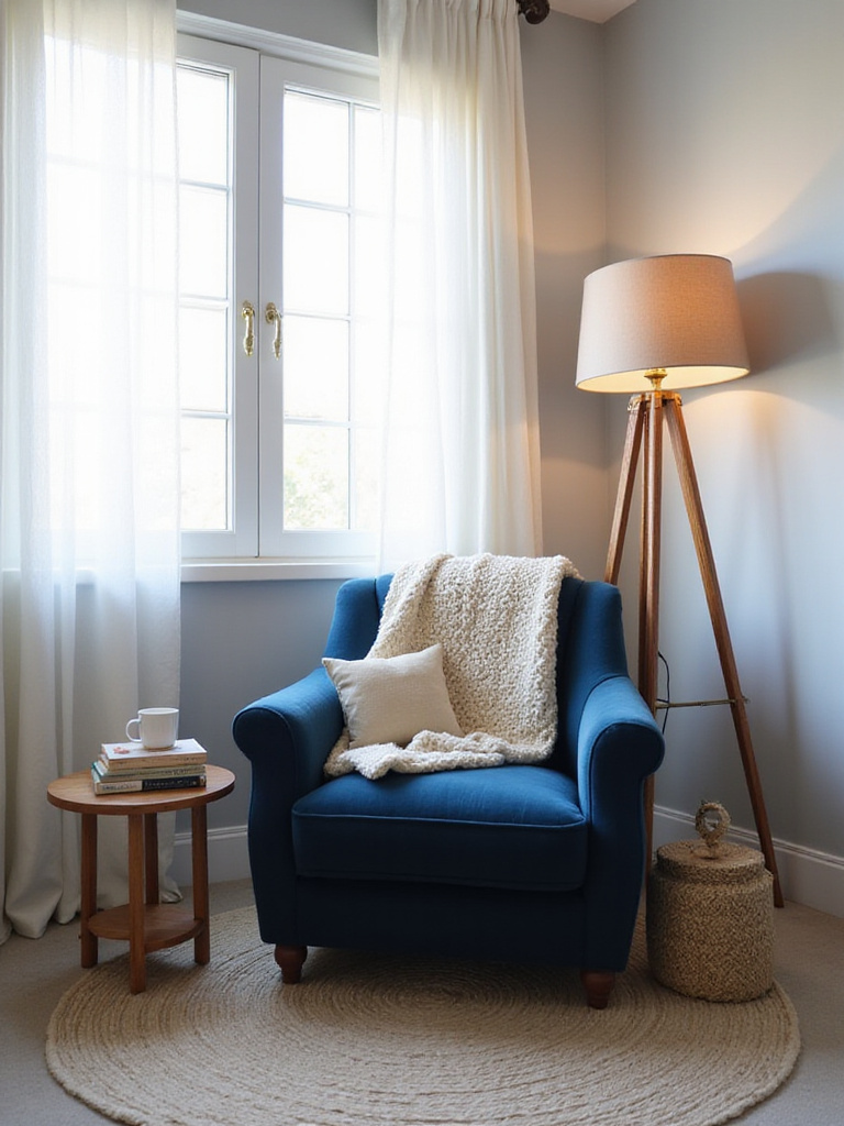 Cozy bedroom reading nook with navy blue velvet armchair, side table, and floor lamp.