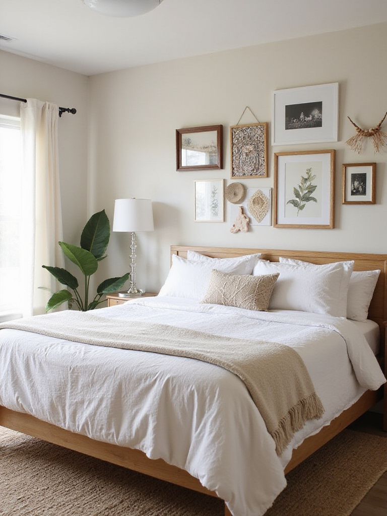 Bedroom gallery wall above bed with diverse art and frames