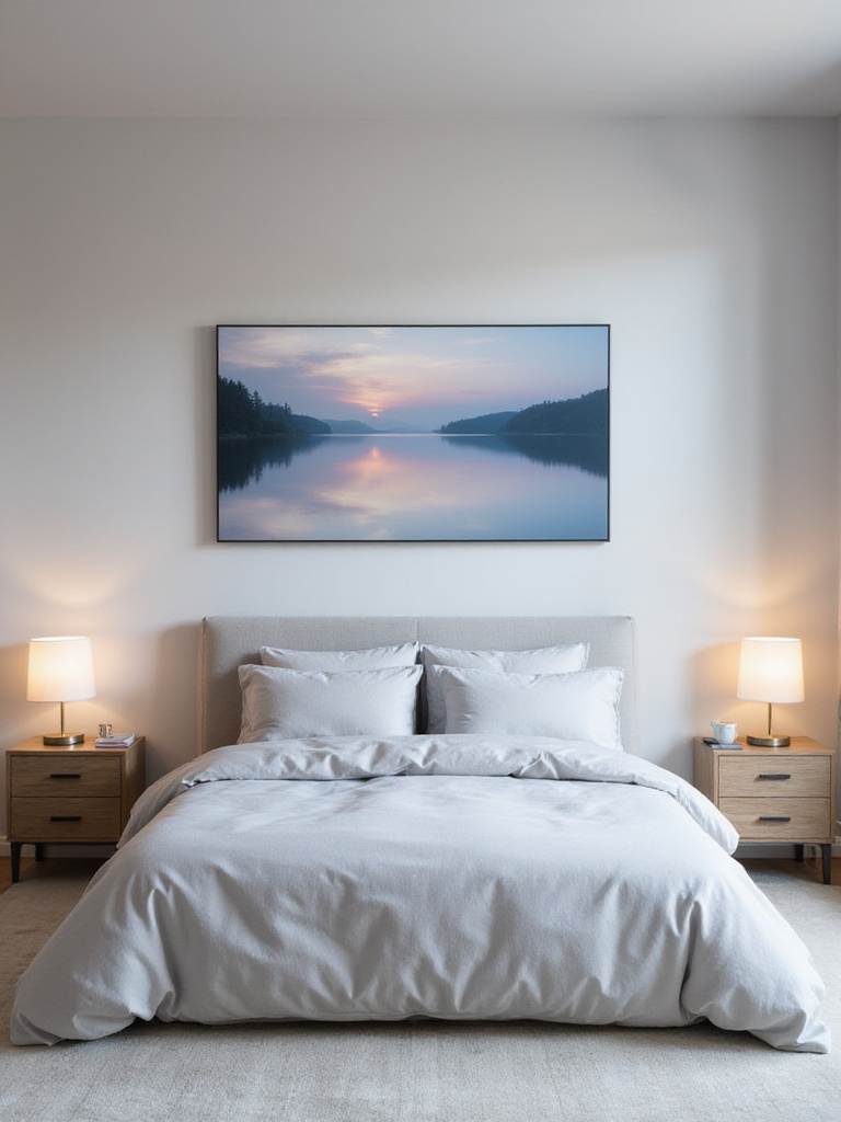 Serene bedroom with a large landscape painting of a lake at sunrise creating a relaxing ambiance.