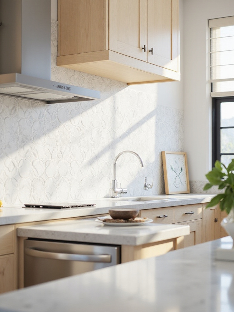 Modern kitchen with geometric peel-and-stick tile backsplash