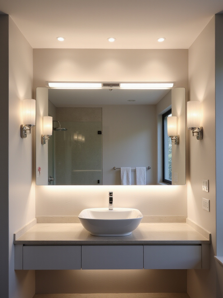 Modern bathroom with layered lighting: over mirror light, recessed lighting, wall sconces, and under cabinet lighting.