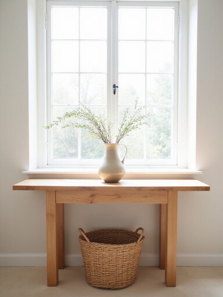 Minimalist living room console table with curated ceramic vase and greenery.