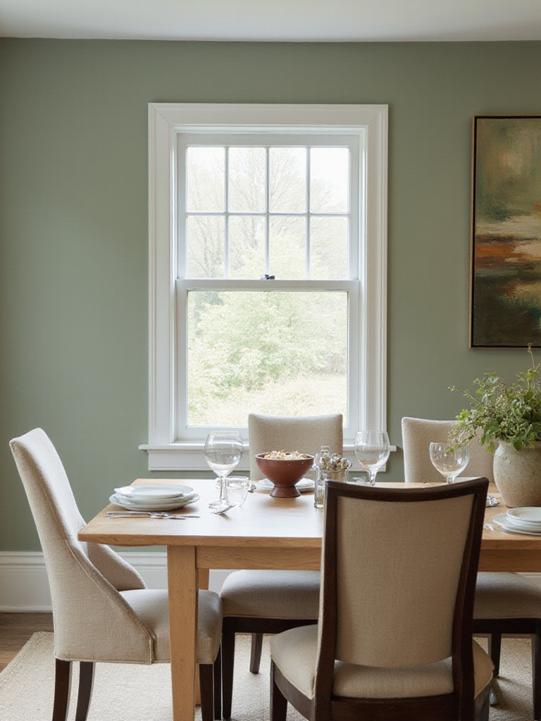 Serene dining room with sage green walls and natural wood furniture.
