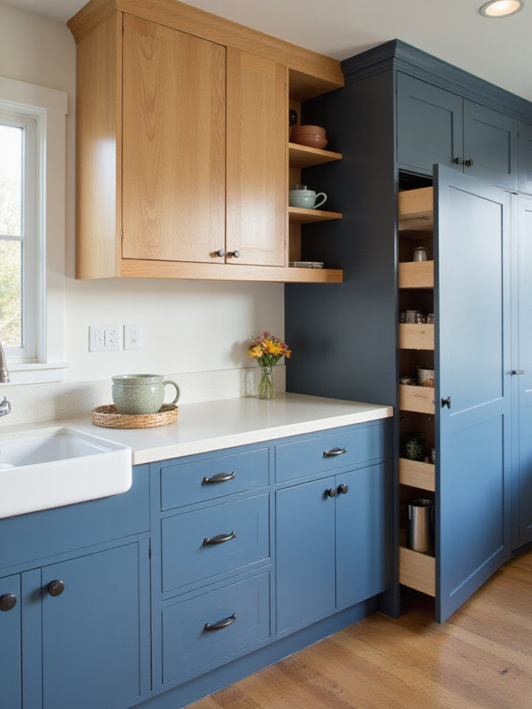 Custom kitchen cabinetry featuring light wood and matte blue cabinets with intelligent storage solutions.