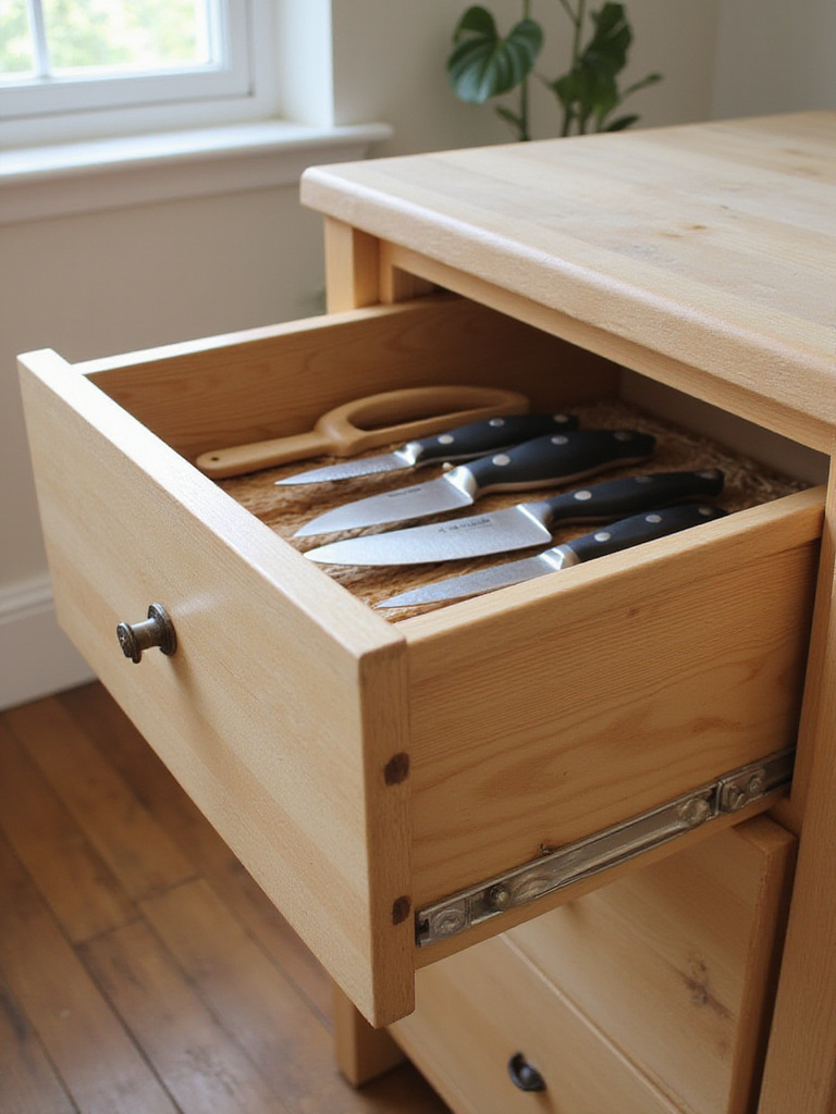 Bamboo knife drawer insert with knives organized inside a kitchen drawer.