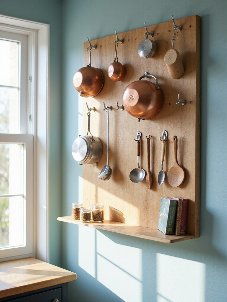 Kitchen pegboard with pots, pans, and utensils organized on a light blue wall