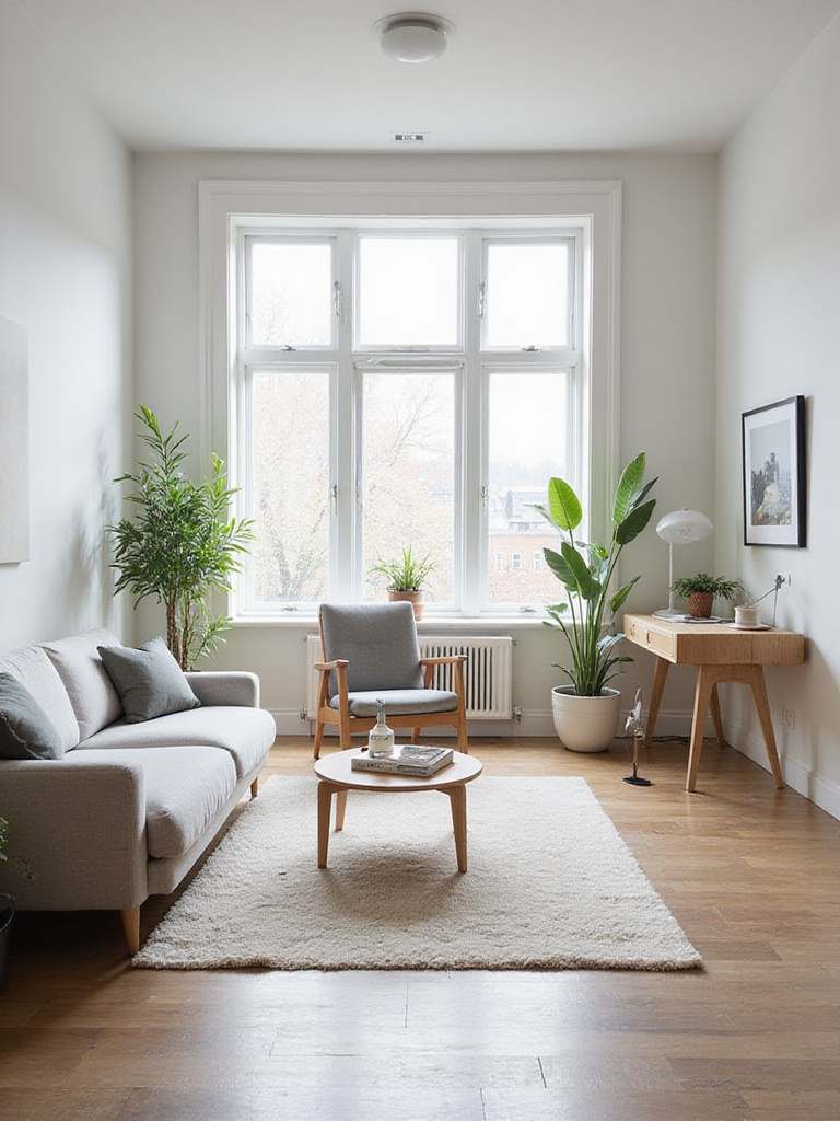 Minimalist living room with defined zones for conversation, reading, and work.