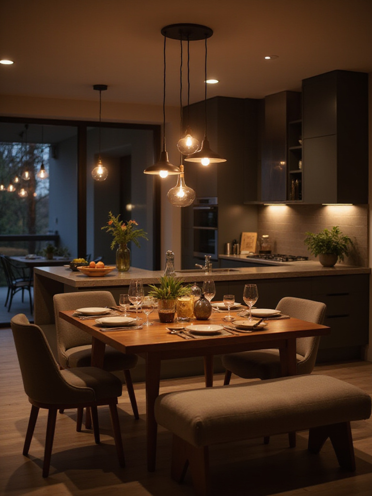 Modern kitchen table with pendant lights dimmed low, casting a warm glow for a cozy evening meal.