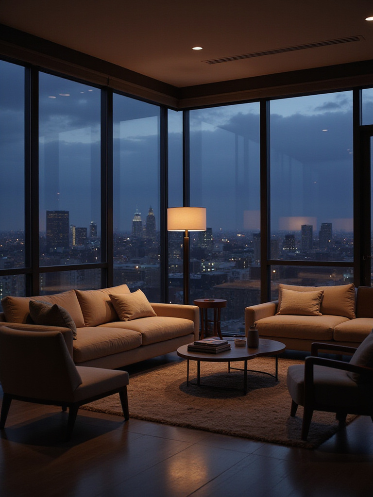 Living room with dimmed lighting creating a relaxing atmosphere at dusk