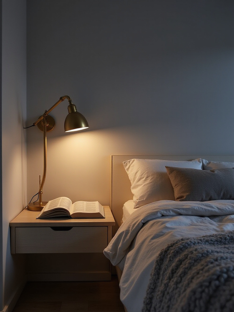 Modern bedroom with wall-mounted adjustable reading lamp illuminating a book on the nightstand.