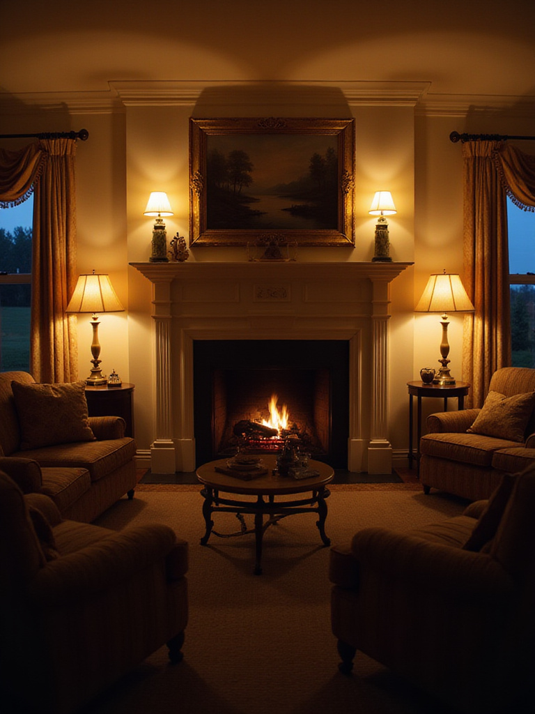Cozy living room illuminated by soft, diffused lamp lighting and a fireplace.