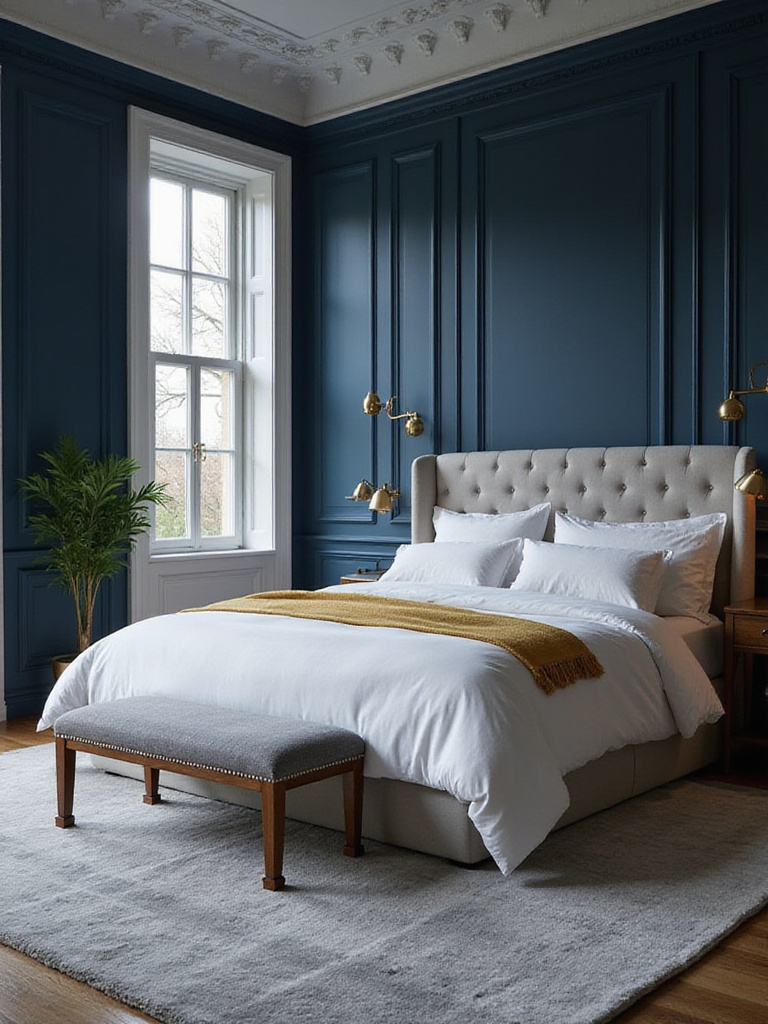 Navy blue bedroom with white linen bedding and gold accents