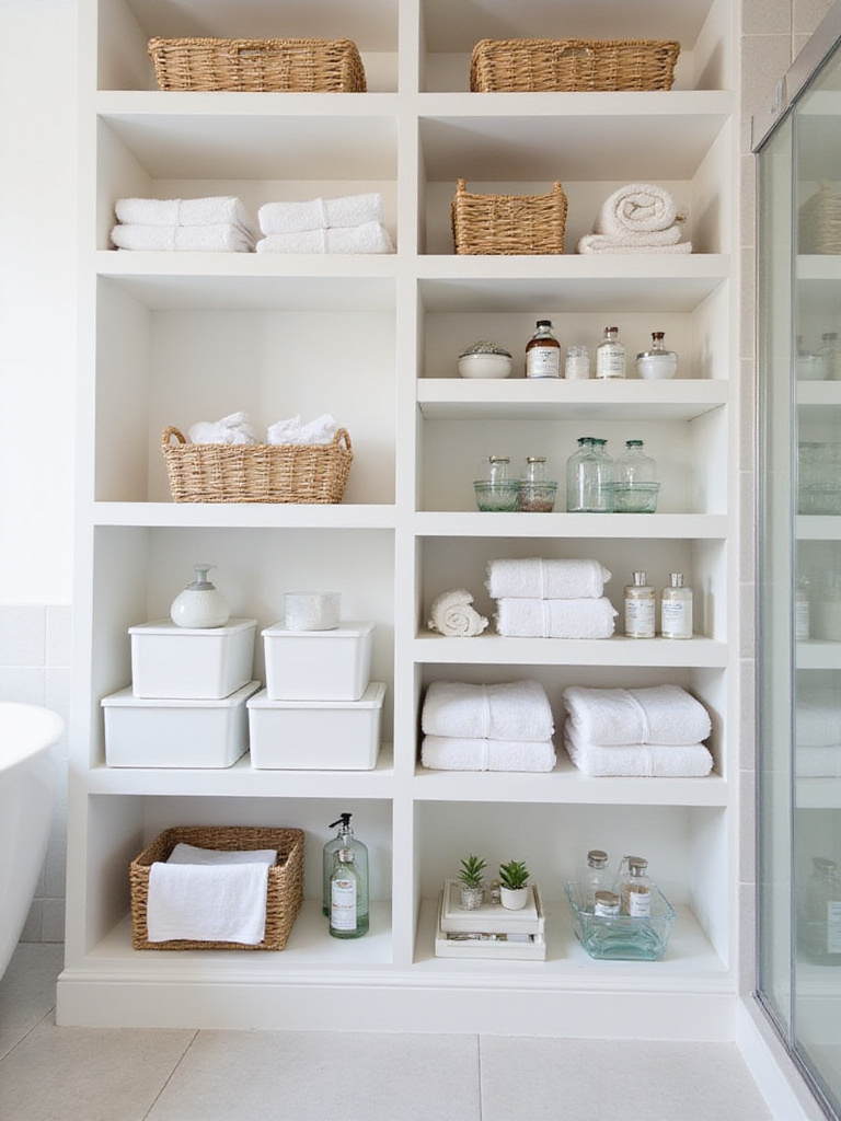 Open bathroom shelves organized with woven baskets, white bins, and clear trays holding towels and toiletries.
