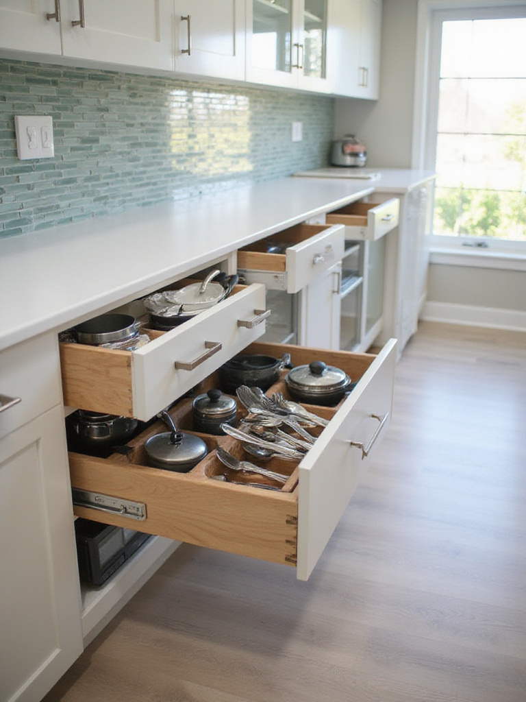 Organized kitchen drawer cabinets storing utensils, cookware, and kitchen gadgets.