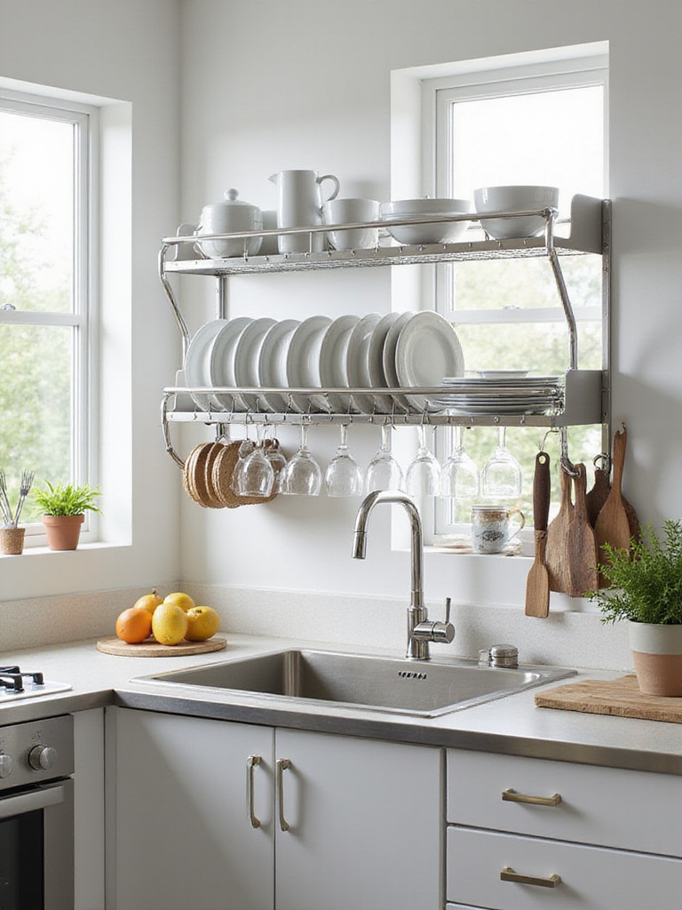 Over-the-sink dish rack maximizing countertop space in a small kitchen.