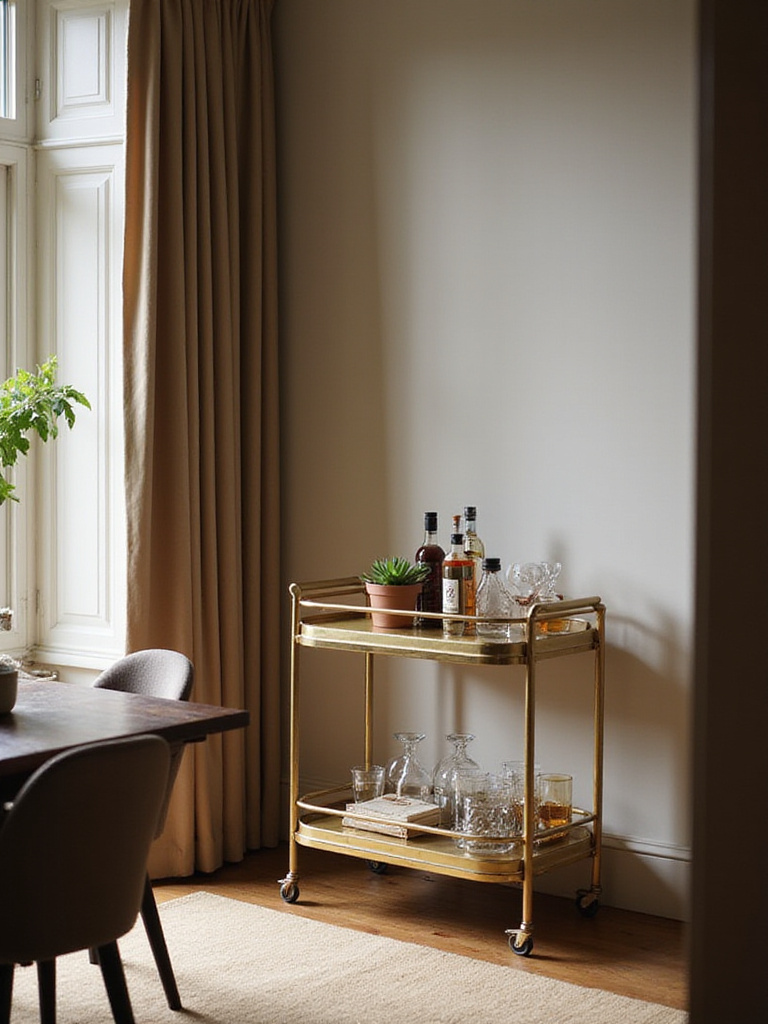 Elegant dining room with a stylish bar cart featuring glassware and liquor.