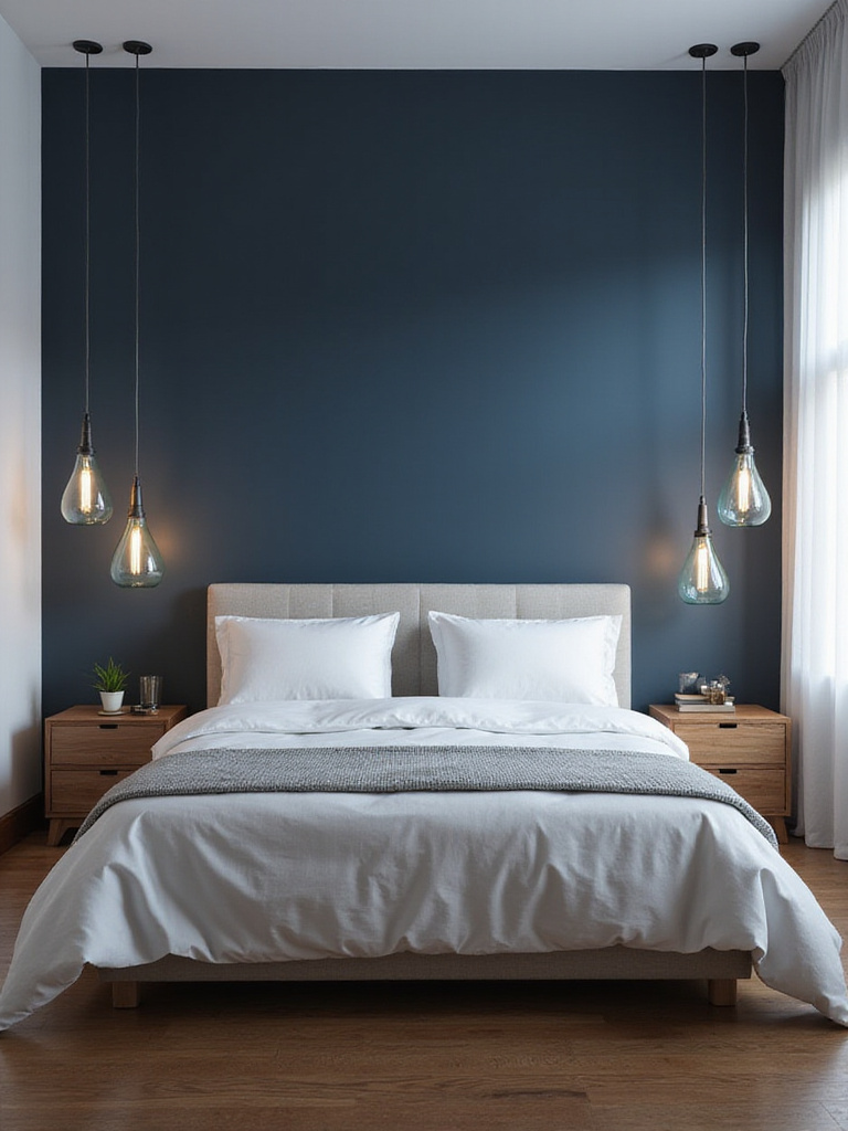 Blue glass pendant lamps hanging above nightstands in a modern blue and white bedroom.
