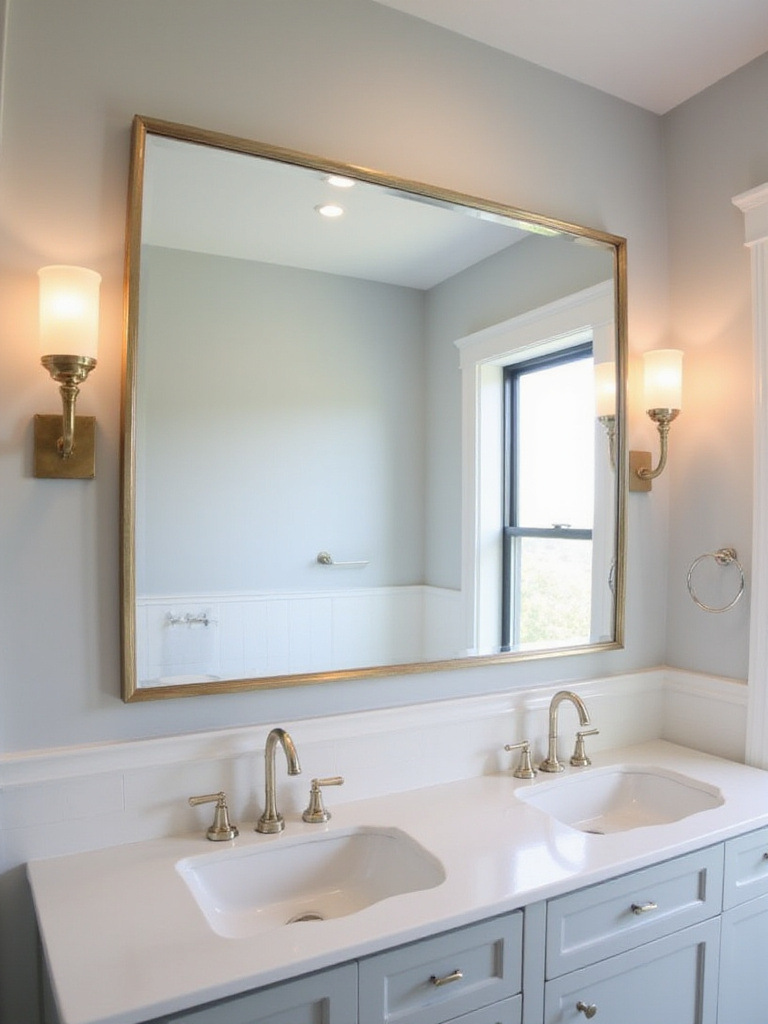 Bathroom with double vanity, large mirror, and brushed gold sconces flanking the mirror.