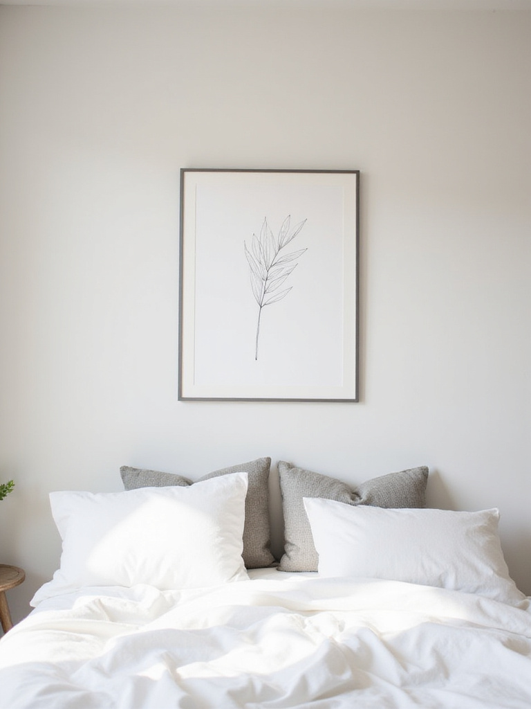 Minimalist bedroom with a framed botanical line art print above the bed.