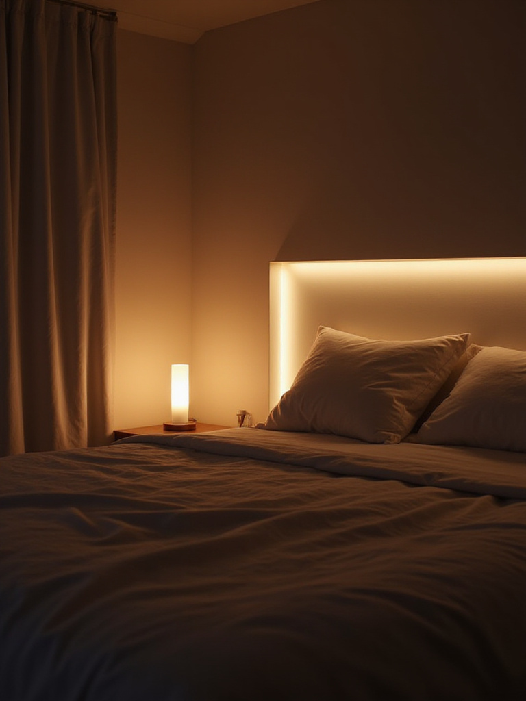 Modern bedroom with smart lighting, creating a relaxing and warm ambiance