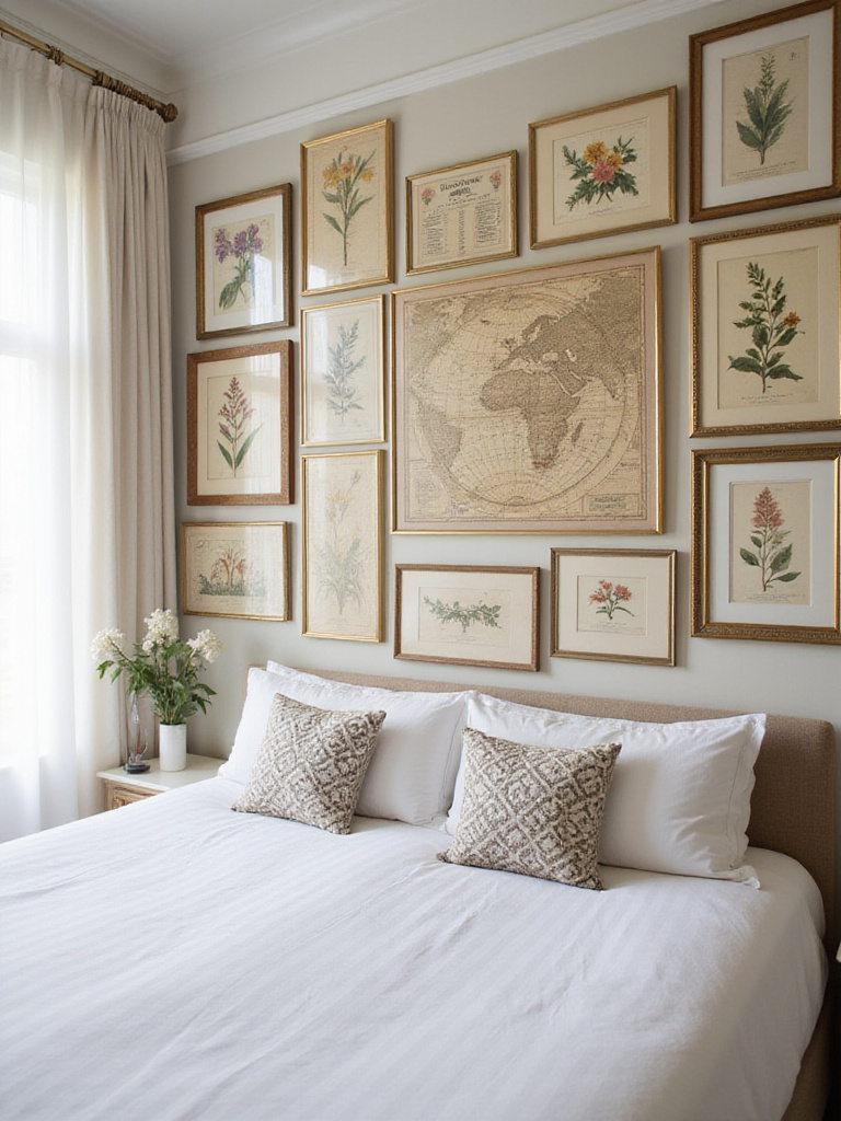 Bedroom wall decorated with framed antique maps and botanical illustrations