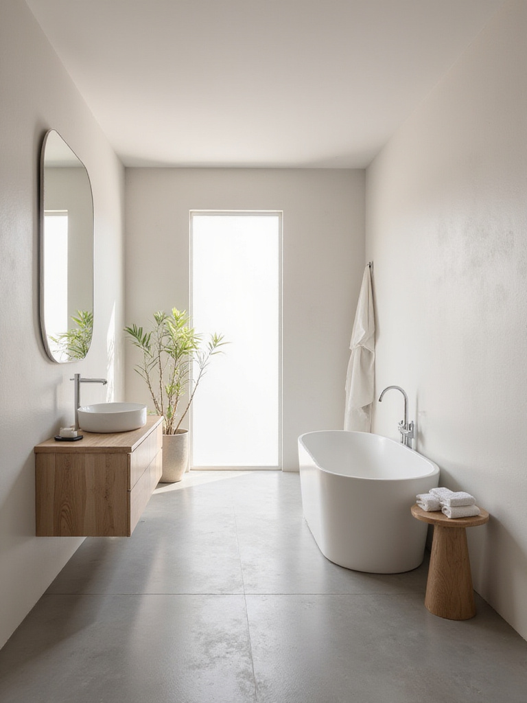 A serene minimalist bathroom featuring a neutral color palette of off-whites, light greys, and natural wood, with clean lines and soft lighting.