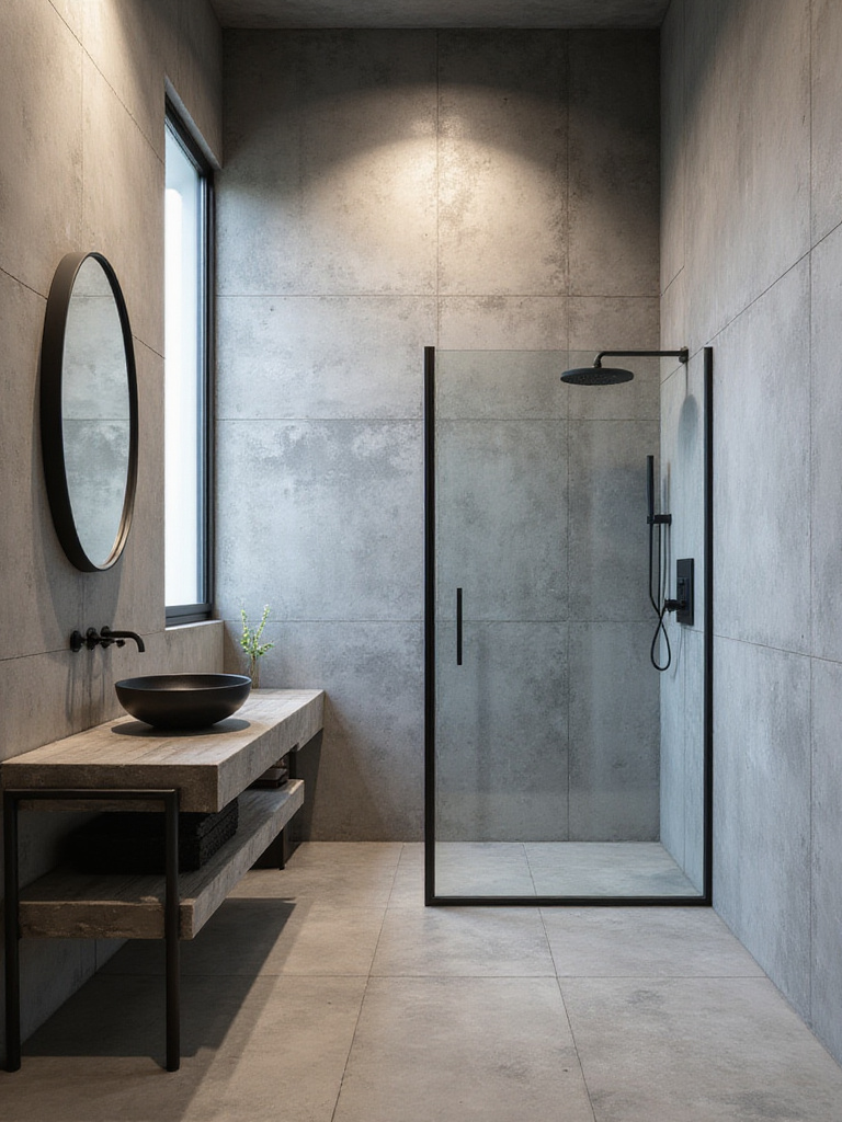 Industrial bathroom with textured concrete walls, floating vanity, and frameless shower