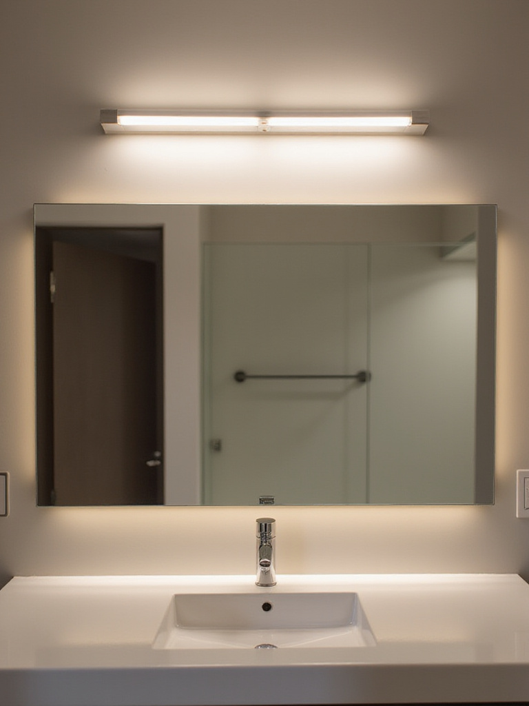 Modern bathroom with LED light bar above mirror providing warm illumination.