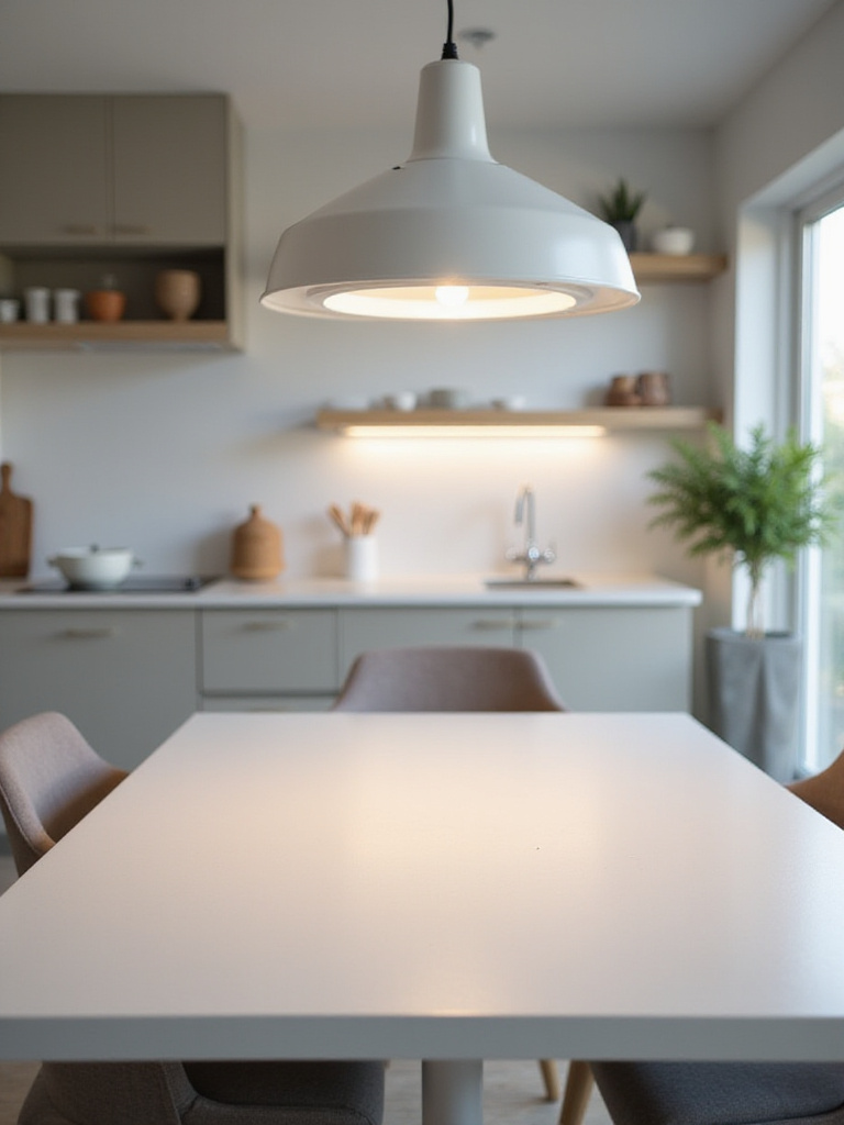 Modern kitchen dining area featuring an energy-efficient LED pendant light fixture illuminating the table.