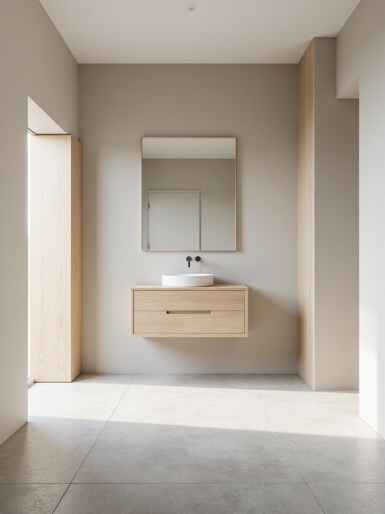 Minimalist bathroom interior featuring a clear tiled floor, wall-mounted vanity, and vertical storage, emphasizing spaciousness.