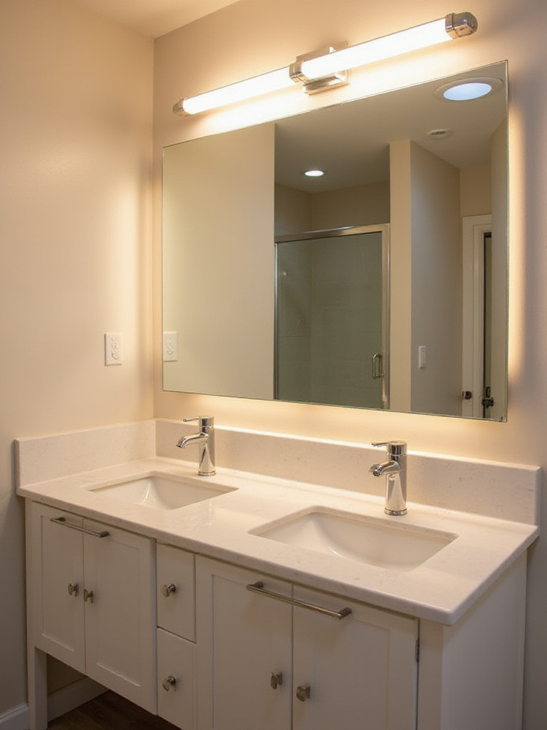 Modern bathroom with damp-rated LED light bar above mirror.