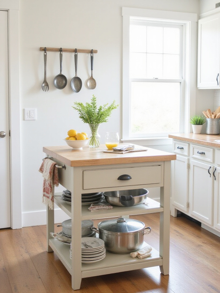 Budget-friendly kitchen island with butcher block top providing extra prep space