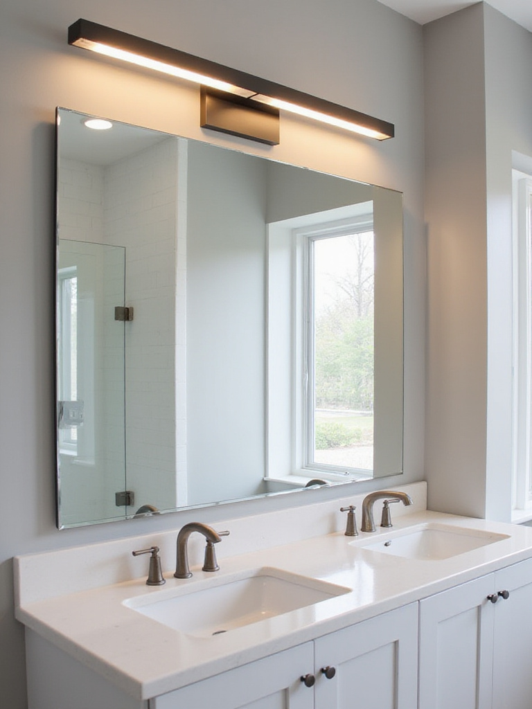 Modern bathroom with a matte black LED bar light over the mirror.