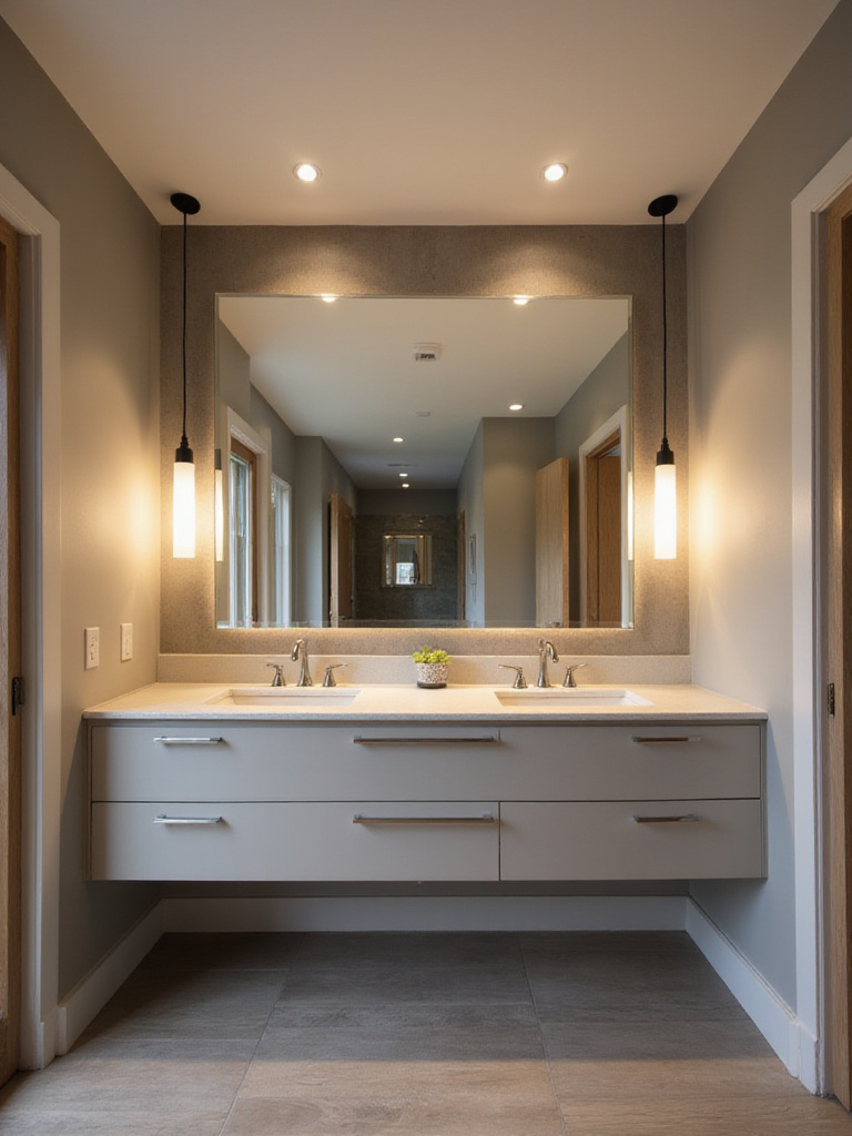 Bathroom with pendant lights and recessed lighting over mirror