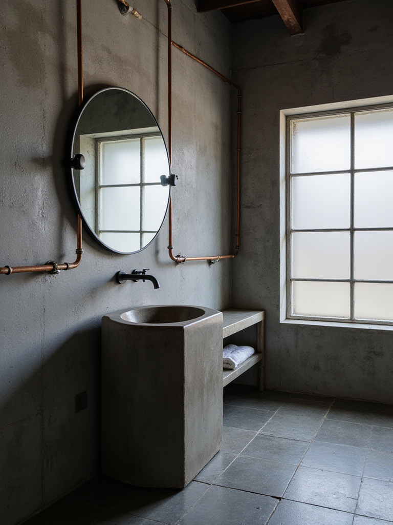 Industrial bathroom design featuring exposed copper pipes