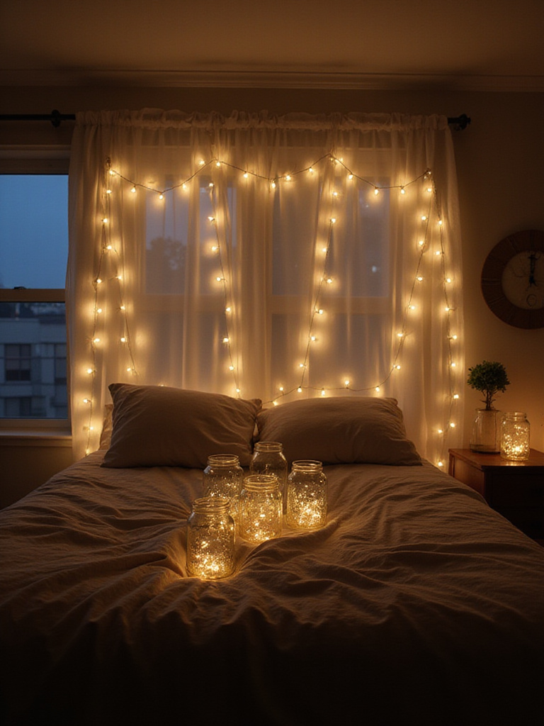 Bedroom with fairy lights draped over curtains and in mason jars for a dreamy atmosphere.