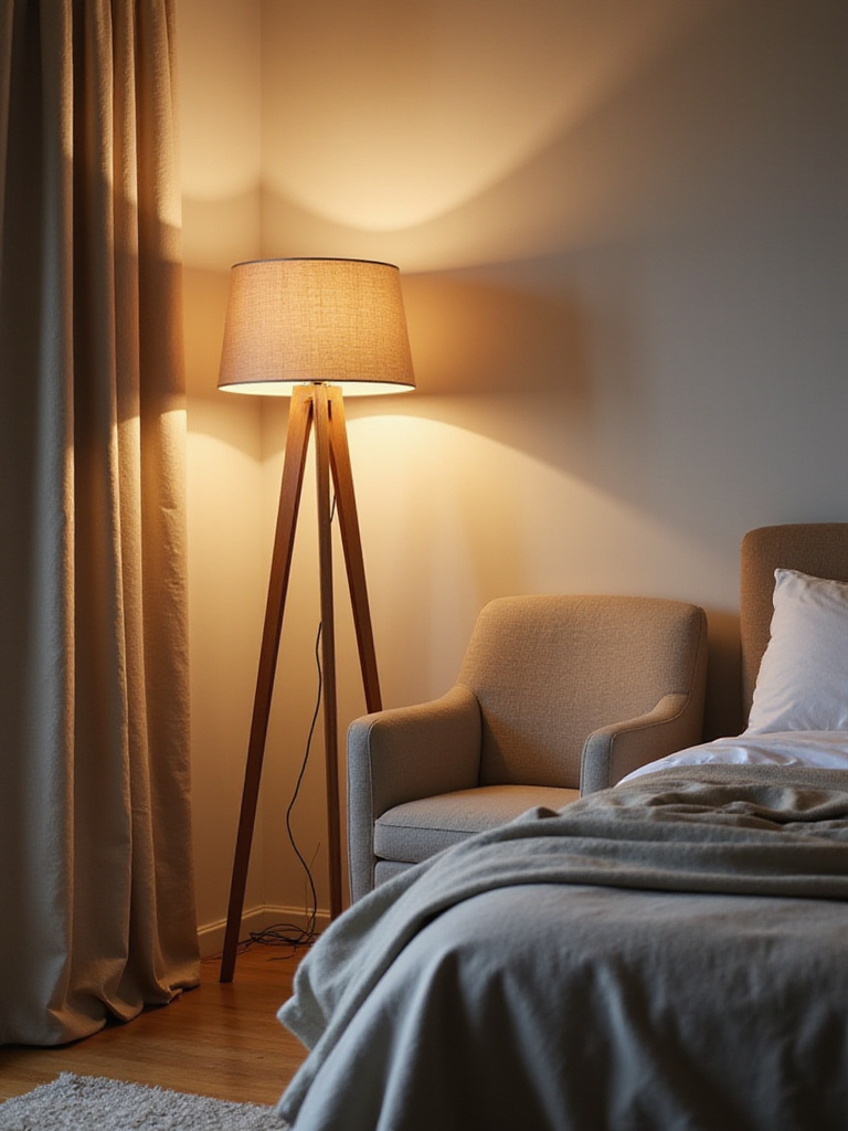 Elegant floor lamp illuminating a cozy corner in a modern bedroom.