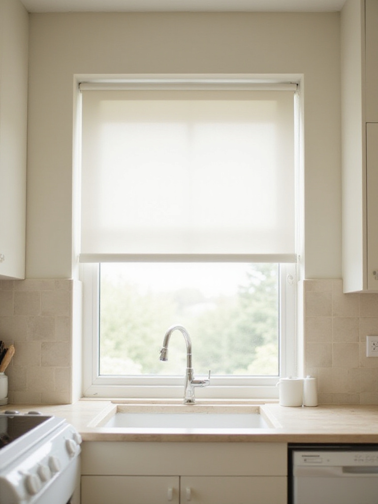 Kitchen window with white roller blinds allowing natural light