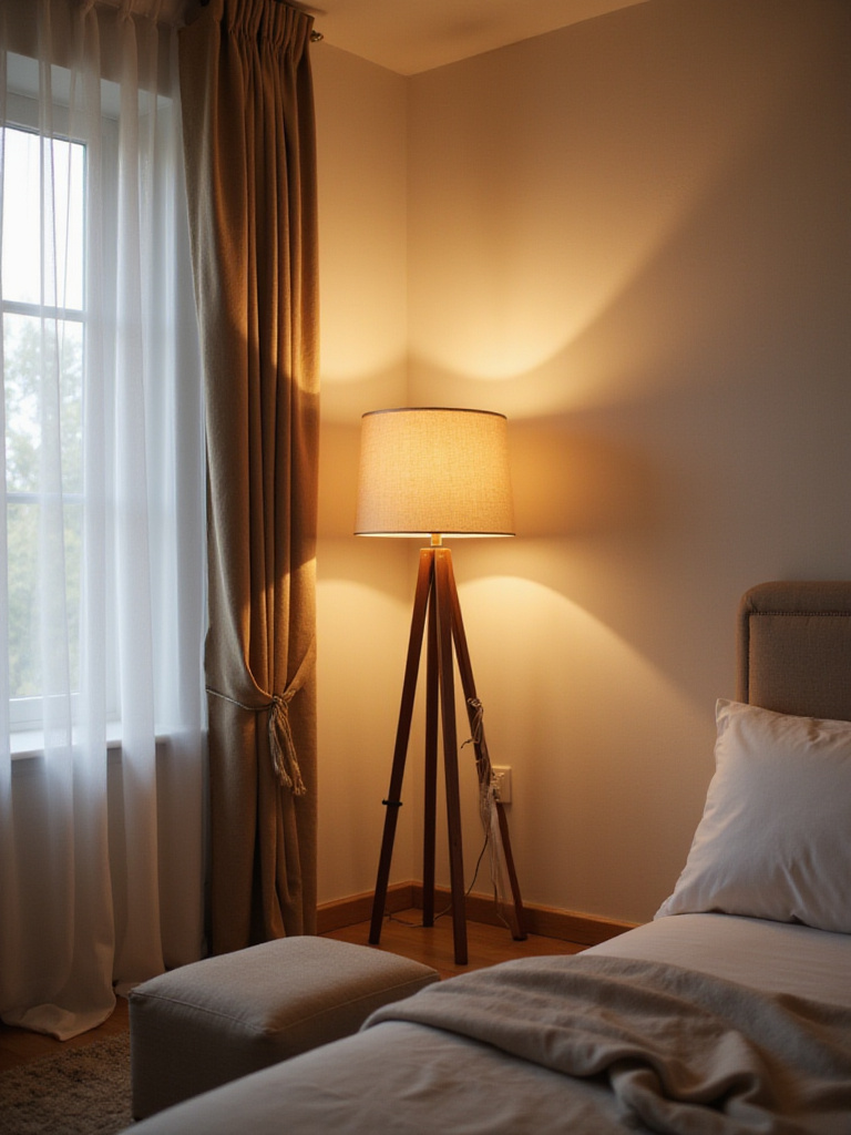 Modern bedroom with floor lamp in corner, creating a warm and inviting ambiance.
