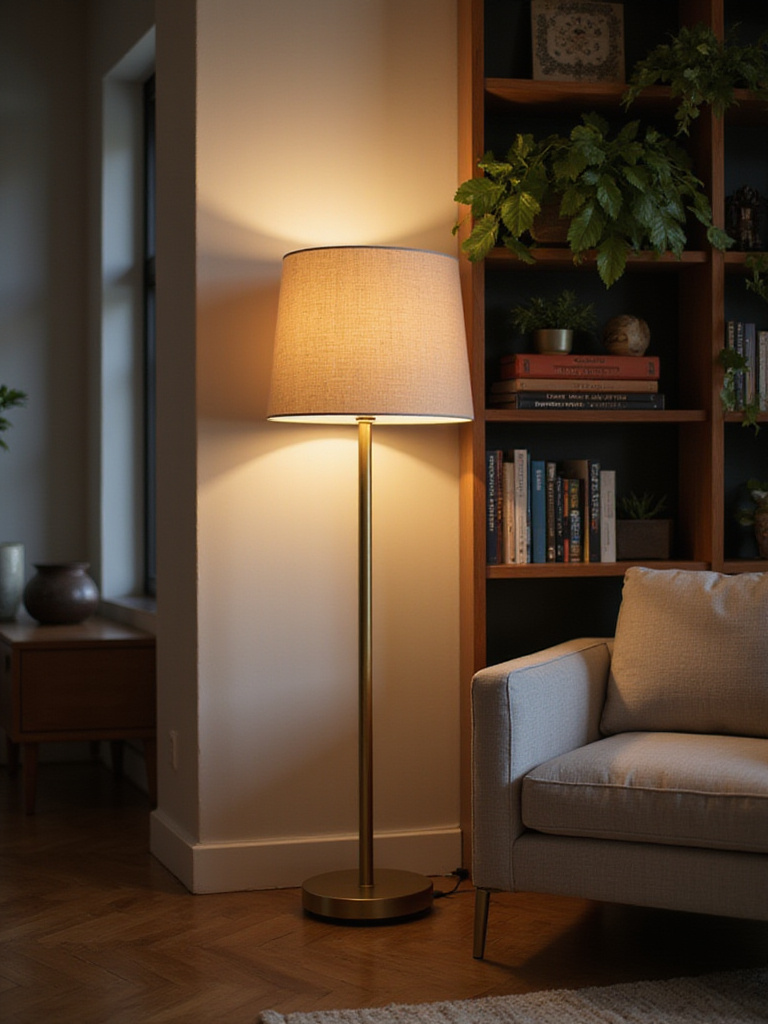 Modern living room illuminated by a stylish floor lamp.