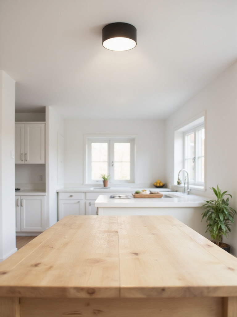 A stylish modern flush mount light fixture mounted on a low ceiling above a wooden kitchen table, illustrating space-saving lighting in a kitchen.