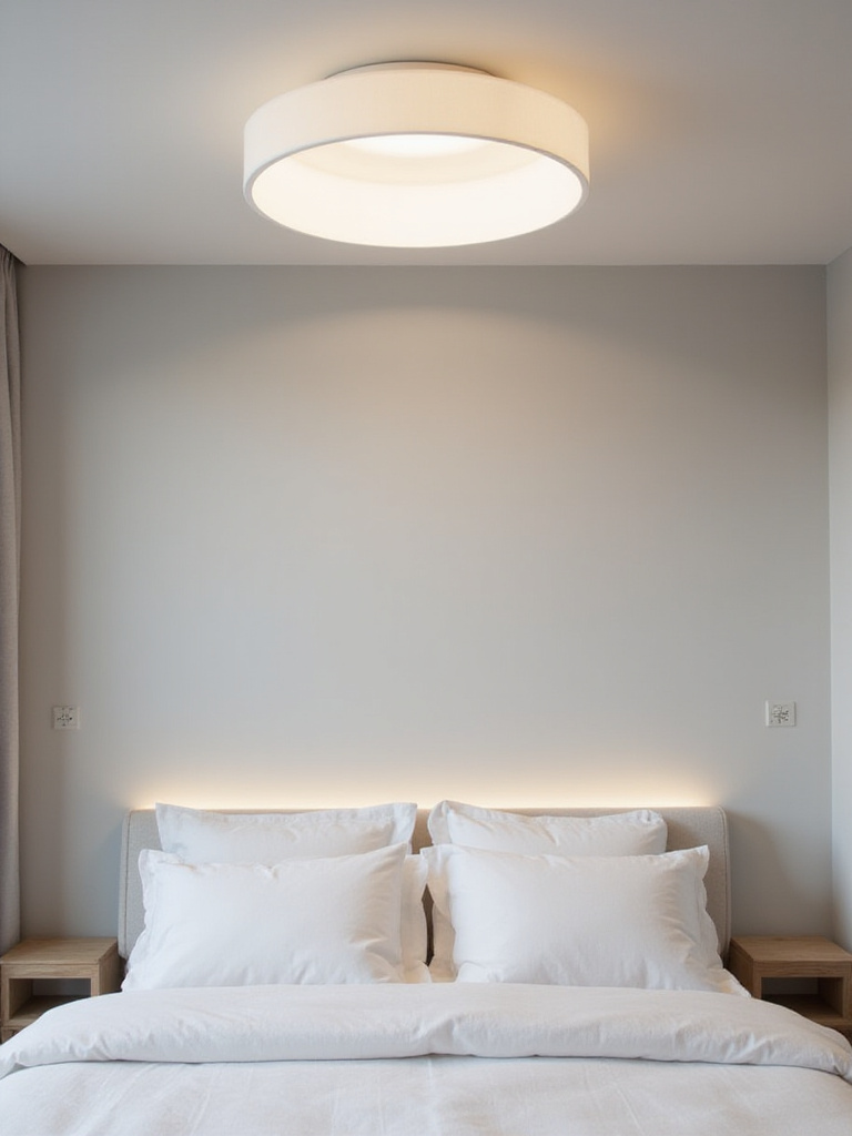 Modern bedroom with a white flush mount ceiling light.