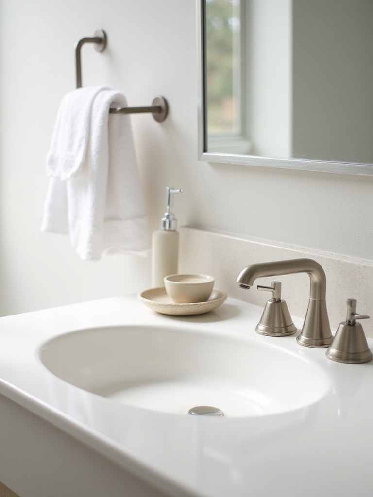 Minimalist bathroom sink area featuring a high-quality brushed nickel faucet, ceramic soap dispenser, and plush white towel, illustrating durable and functional decor.