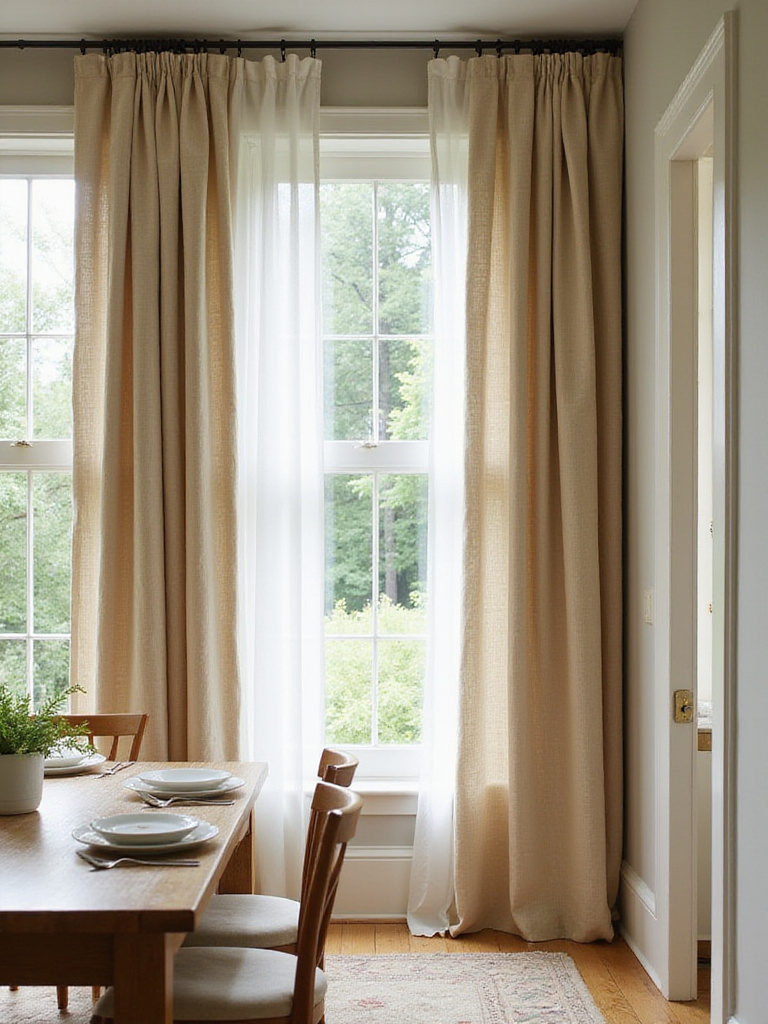 Elegant dining room with layered sheer and textured curtains framing a garden view.