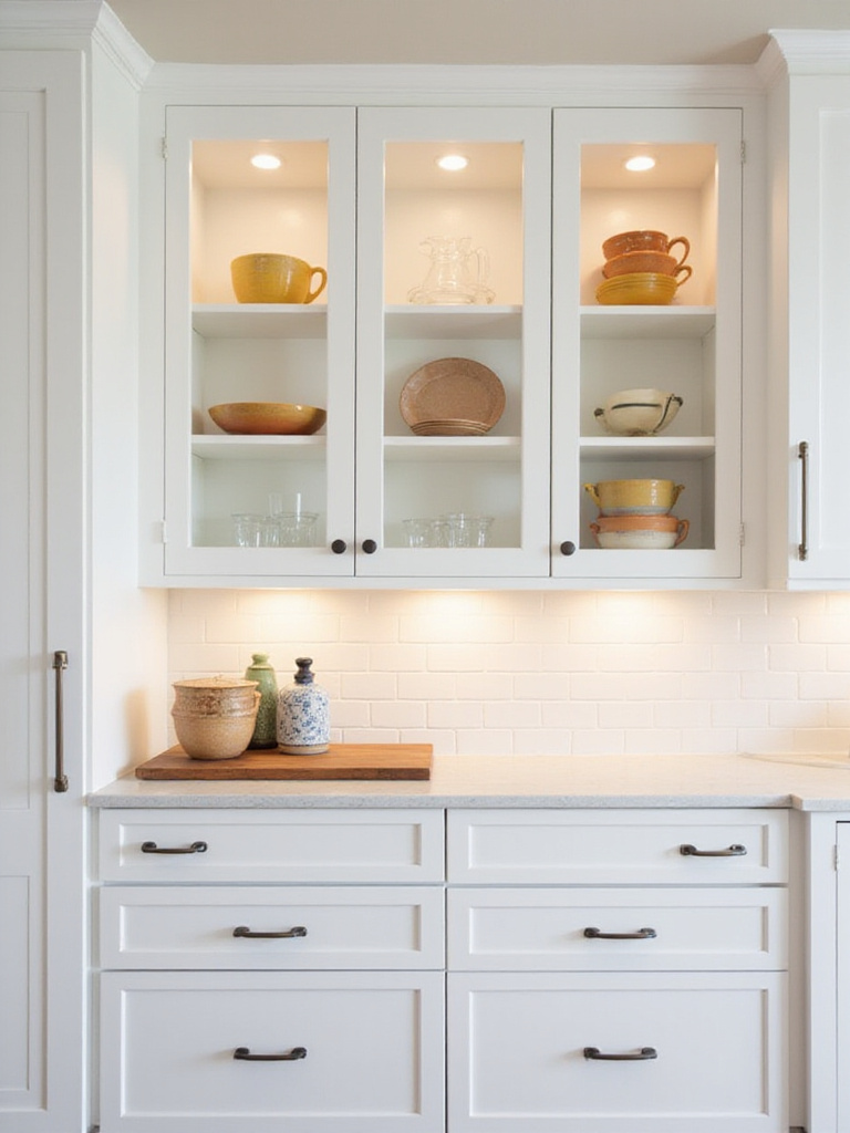 Modern kitchen with white shaker cabinets and glass-front cabinets displaying colorful dishware.